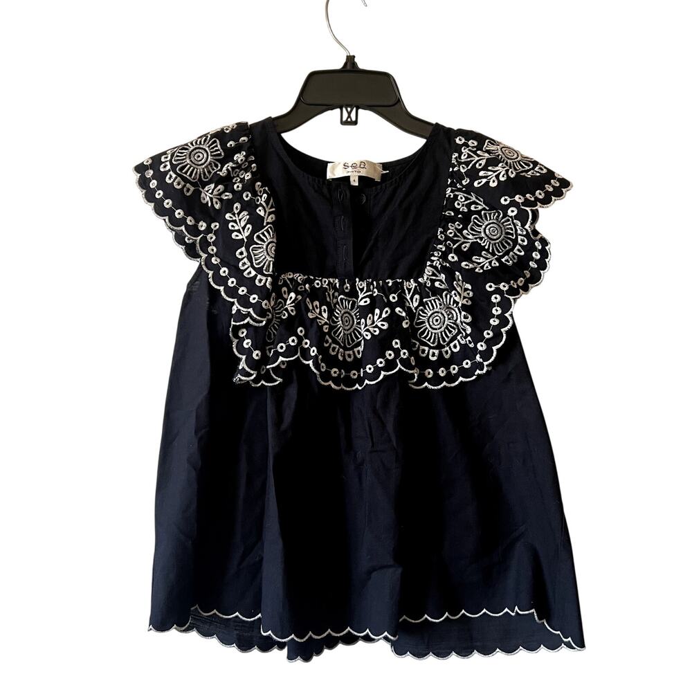Sea New York ruffled broderie anglaise blouse navy blue cotton size 4 J3